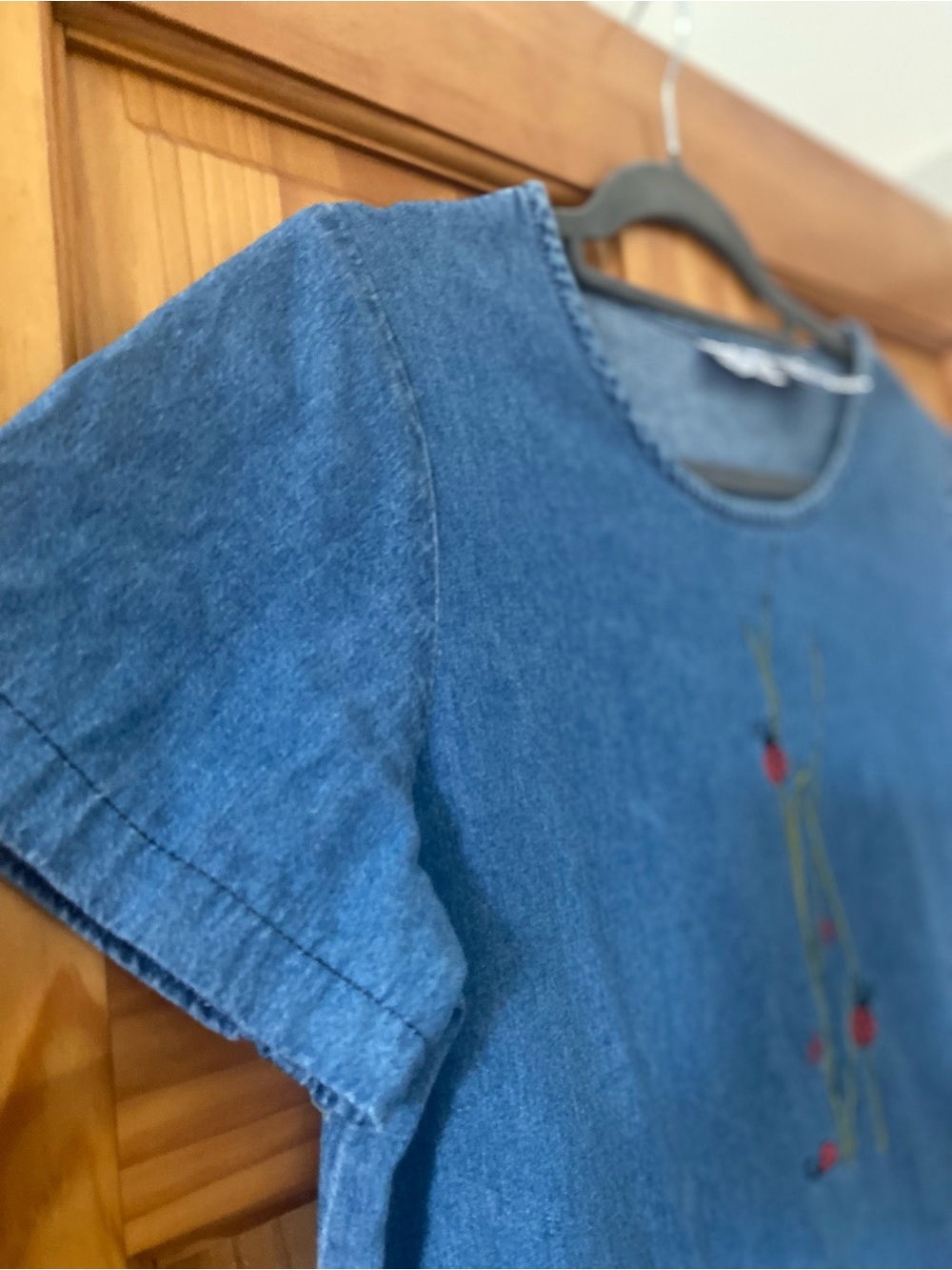 Vintage 90s Blair Denim Dress Small Ladybug Embroidered Cottagecore Pockets - Picture 8 of 13